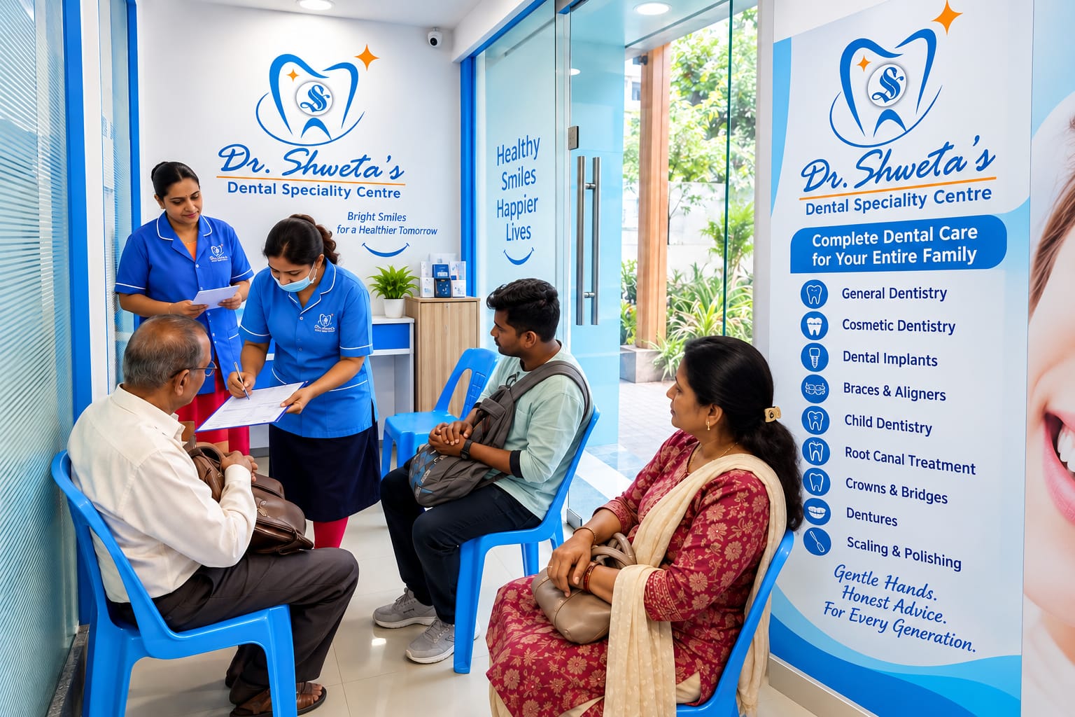 Reception and waiting area at Dr. Shweta's Dental Speciality Centre with patients seated and staff assisting at the front desk