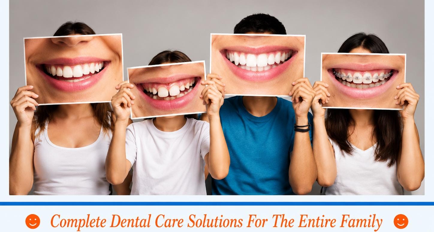 Four family members of different ages holding up photographs of healthy smiles, including one with braces
